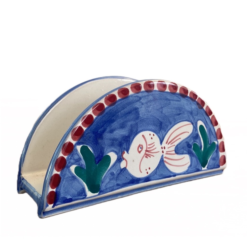 Vietri Blue, White & Green Fish Motif Ceramic Napkin Holder